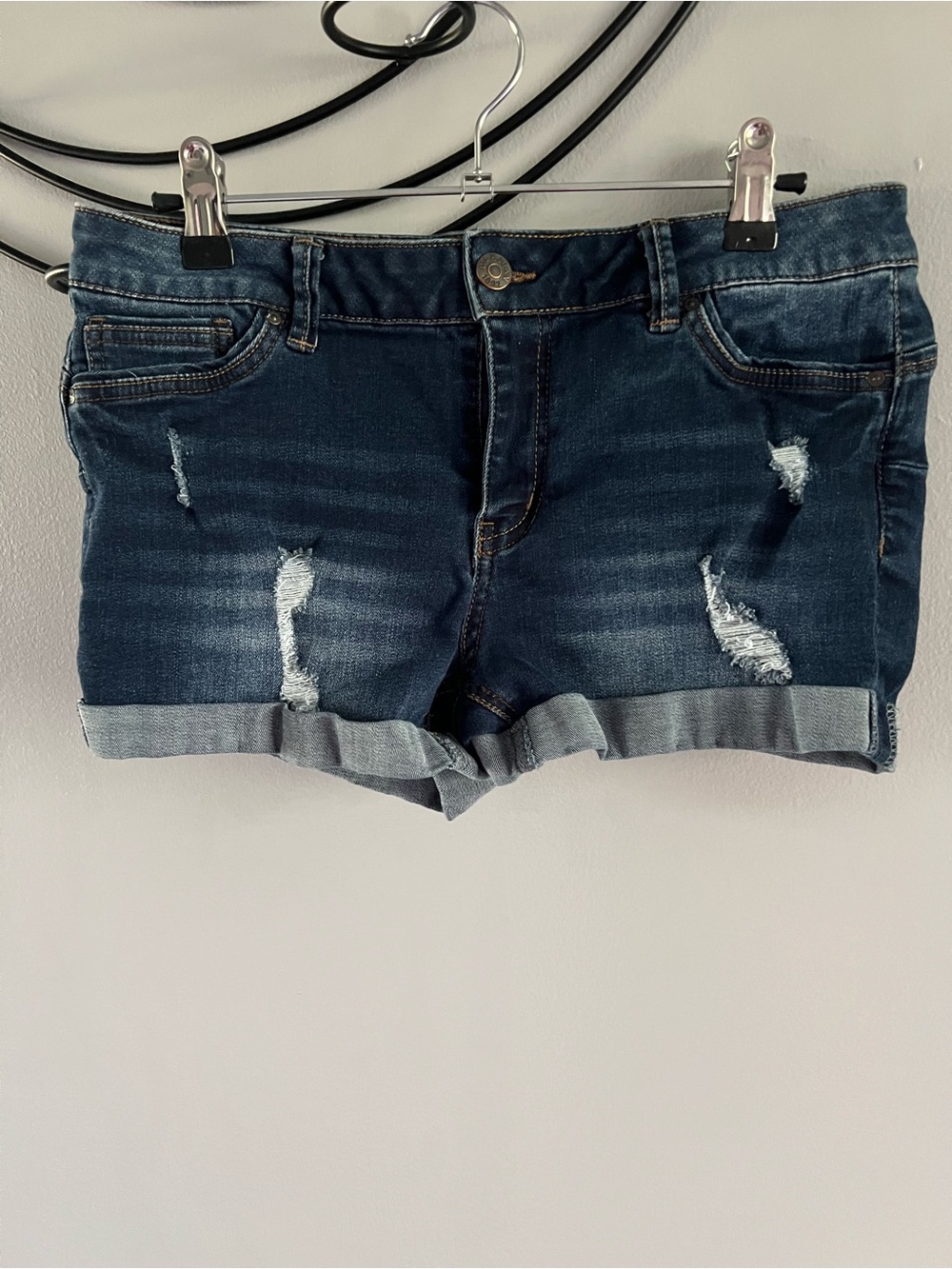 Wax Jean Dark Blue Distressed Rolled-Hem Denim Shorts